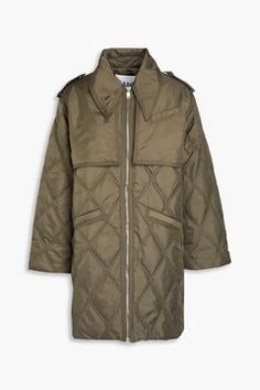 GANNI Quilted ripstop jacket | THE OUTNET Green Khaki Jacket, Ladies Coat Design, Scandinavian Aesthetic, Loungewear Luxury, Recycled Polyester Fabric, Coat Design, Wide Sleeves, Khaki Green, Green Jacket