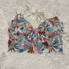 Lace Bralette By: Pink, Size: Small, Beautiful Floral Colors: Light Blue, Fascia, Orange, And Black On White. Nwt, With Removable Padding. Vs Pink Bras, Pink Lace Bralette, Lace Halter Bralette, Vs Bras, Pink Bralette, Burgundy Lace, Pink Sports Bra, Floral Color, Victoria Secret Bras