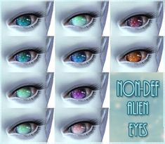 multiple images of different colored eyes with the words non - def alien eyes