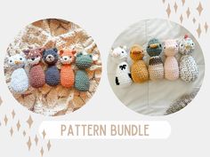 several crocheted stuffed animals sitting on top of each other next to the words pattern bundle