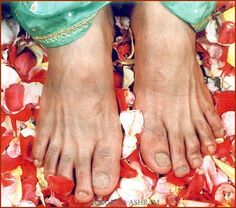 two people with bare feet standing on petals