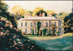 a painting of a large house surrounded by trees and flowers