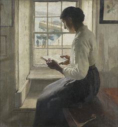 a painting of a woman sitting in front of a window with a book on her lap