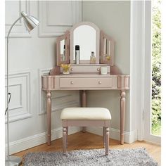 Kasey CM-DK5849RG Vanity w/ Stool By Furniture Of AmericaBy sofafair.com Corner Makeup Vanity, Bedroom Vanity Set, Corner Vanity, Pink Vanity, Transitional Vanity, Vanity Table Set, Bedroom Corner, Contemporary Vanity, Vanity Set With Mirror