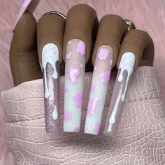 Milk Nails, Pink Cow Print, Long Nail Designs, Nails Today, Basic Nails, Nail Essentials, Pink Cow, Kawaii Nails, Nail Buffer