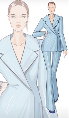 a drawing of a woman in a blue suit