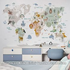 a child's bedroom with a map of the world painted on the wall