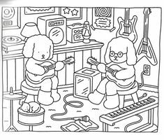 two teddy bears are playing in the kitchen with their guitar and other things on the table