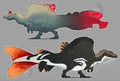 two different types of dinosaurs with wings on their backs and tails, one is black, the other is red