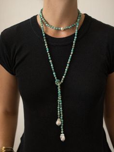 Laurie - Turquoise baroque pearl lariat necklace (Tied) Beaded Lariat Pearl Necklace, Artisan Turquoise Lariat Necklace, Bohemian Lariat Pearl Jewelry, Handmade Bohemian Lariat Pearl Necklace, Lariat Necklace Diy, Turquoise Hand-strung Lariat Beaded Necklace, Pearl Baroque, Diy Necklace Making, Lariat Style Necklace