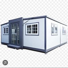 a white and blue shipping container with windows