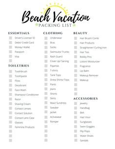 the beach vacation packing list is shown