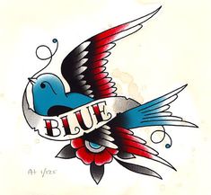 an old school style blue bird tattoo on a piece of paper with the word'b u f'in it