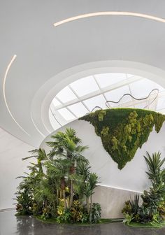 an indoor space with plants and trees on the wall