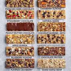 an image of granola bars that are labeled in different flavors and ingredients for the recipe