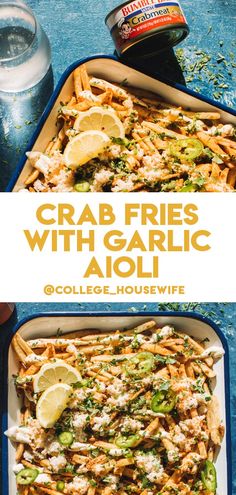 crab fries with garlic aioli in a casserole dish on a blue table