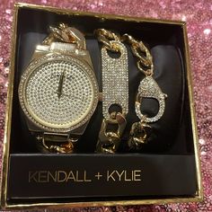 Beautiful Rhinestone Candle, And Kylie Watches, And Two Bracelets New In The Box Gift Watches With Crystal And Rhinestones, Rose Gold Diamond Watch With Rhinestones For Gift, Gold Jewelry And Watches With Bling For Gift, Rose Gold Watches With Rhinestones For Gifts, Rose Gold Watch With Rhinestones As Gift, Round Crystal Watch As Gift, Gold Jewelry And Watches As Gift, Crystal Watch As A Gift, Gold Crystal Diamond Watch For Party