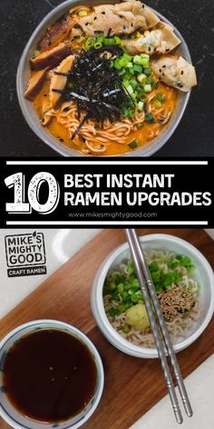 Graphic of 10 Best Instant Ramen Upgrades using Mike's Mighty Good ramen. Ramen Hacks Instant, Ramen Noodle Recipes Soup, Korean Instant Noodles, Ramen Dinner, Ramen Toppings