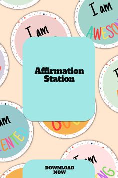 the words affirmation station are arranged in different colors and sizes, including letters