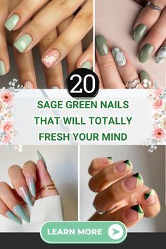 "Bring on the fall vibes with this stunning moss green! 🍃 Nail your seasonal style effortlessly! 🍁 #AutumnStyle #MossGreenNails #NailFashion" Sage Nail Designs, Sage Green And Pink Nails, Sage Green Nail Designs, Sage Green Nail Ideas, Sage Green Nail, Green Nail Design, Sage Green Nails, Nail Model, Olive Nails