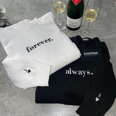 Personalised embroidered matching set of two hoodies, embroidered with ALWAYS & FORVER, perfect matching sweats to wear with you partner, boyfriend, girlfriend, husband, wife or best friend. you can add eachothers initisld to the sleeves too which is a super cute extra special touch.  We have a range of colours to choose from, making these totally personalised to you.  Perfect gift idea for you partner, best friend, to celebrate a birthday, anniversary, wedding gift, engagement gift, christmas gift, valentines gift, or just a special gift for any occasion for someone special.  Matching hoodies are the latest trend and its our speciality, we have become widely known for our unique and classy designs and the quality of our items.  Hoodies are unisex, please check sizing prior to ordering.  H Matching Sweats Couples, Good Gifts For Boyfriends Anniversaries, Hoodie For Boyfriend Gift, Embroidered Couples Hoodies, Hoodies For Girlfriend, Embroidered Couples Sweatshirt, Hoodie Ideas For Couples, Matching Hoodies For 3 Best Friends, Perfect Husband Qualities