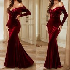 Christmas Party Gown, Elegant Red Outfit Classy, Long Sleeve Red Dress Formal, Red Date Dress, Christmas Gala Dress, Revenge Dress Ideas, Nye Wedding Dress, Christmas Dress Women Classy, Elegant Christmas Dress