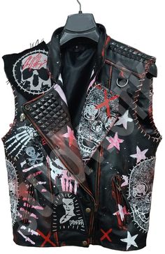 Men's Gothic Pyramid Black Studs Real Leather Punk Patches Handmade Biker's Vest Sleeveless Jacket Studded Vest Jacket made with 100 % Genuine Top Quality Cowhide Leather Pyramid Studs Steampunk Vest Jacket High-Quality Studs. Each securely added by hand Cropped, Vintage - Inspired / Moto / Fit 0.9 to 1.0 MM Cowhide Leather used Soft Real Leather All sizes Available Make sure to Look at the size chart below before selecting your size. We can offer you customized size/ customized design and Color Changes If you want we can write your name or logo on the Vest Jacket Black Sleeveless Grunge Vest, Fitted Grunge Vest For Concerts, Punk Style Vest For Streetwear In Fall, Punk Sleeveless Outerwear For Streetwear, Edgy Fitted Vest For Halloween, Fitted Edgy Vest For Halloween, Edgy Vest For Alternative Fashion In Fall, Edgy Fall Vest For Alternative Fashion, Punk Style Sleeveless Vest For Streetwear