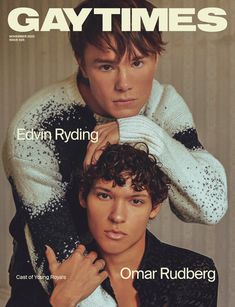 the cover of gay times magazine with two men in sweaters and one is holding his head