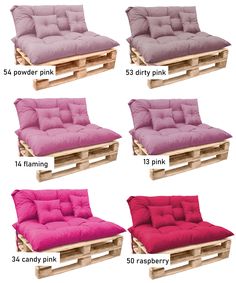 the different types of futons are shown in four different colors and sizes, including pink