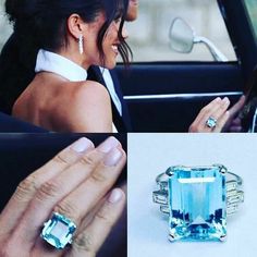 a woman in a car with an aqua ring on her left hand and another photo of a man's engagement ring