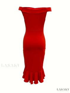 Lasaky - Asymmetrical Off-Shoulder Bodycon Dress with Ruffle Hem - Elegant Womens Party Dress Asymmetrical Neckline One Shoulder Party Dress, Solid One-shoulder Dress With Asymmetrical Neckline For Party, Elegant Red Off Shoulder Dress For Summer, Spring Party One Shoulder Dress, Spring Party Solid Color One Shoulder Dress, Elegant Off Shoulder Party Dress, Red Off-shoulder Summer Cocktail Dress, One-shoulder Midi Dress For Party, One Shoulder Ruffled Bodycon Dress For Party