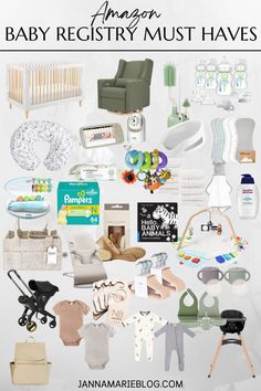 the baby registry must haves are organized in this collage, including clothes, toys and other items