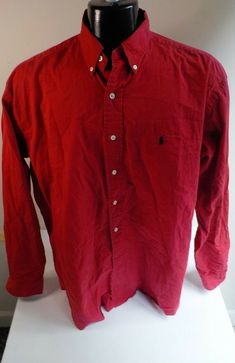 Ralph Lauren LS Button Down Shirt Red with Navy Polo Pony Logo 100%  Cotton SIZE LARGE..........................P2P 26 Sleeve Length 24" Length 33" Excellent Condition Classic Red Ralph Lauren Top, Ralph Lauren Red Button-up Top, Ralph Lauren Red Collared Shirt, Red Button-up Ralph Lauren Top, Red Ralph Lauren Collared Shirt, Red Collared Ralph Lauren Shirt, Shirt With Buttons, Polo Pony, Long Sleeve Polo Shirt