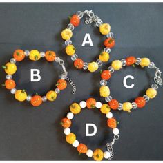 Each pumpkin bead is handmade and unique, just like a real pumpkin! This gives each bracelet character and charm. Bracelets are fitted with adjustable lobster clasp so they can fit most wrists! The specific sizes of each bracelet is listed below. Bracelet Lengths:  A-  8-9.5 B-  7.5-9 C-  7-9 D - 7-9 *As this item is completely handmade, and I am still learning, there may be imperfections in the clay. Personalized Orange Round Bead Jewelry, Adjustable Novelty Charm Bracelet With Lobster Clasp, Handmade Casual Halloween Jewelry, Casual Handmade Halloween Jewelry, Casual Handmade Jewelry For Halloween, Casual Halloween Jewelry Gift, Adjustable Beaded Novelty Jewelry, Adjustable Nickel-free Orange Bracelets, Adjustable Nickel-free Orange Bracelet