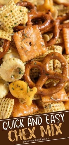 a pile of chex mix with the words quick and easy