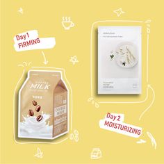 a package of milk next to a carton with nuts on it and an image of the packaging