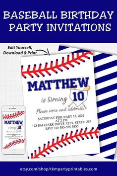 a baseball birthday party with the name and number on it's card, including an envelope