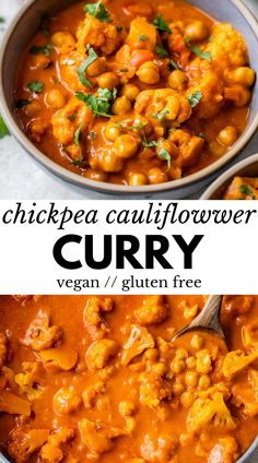 chickpea cauliflower curry in a bowl with a spoon