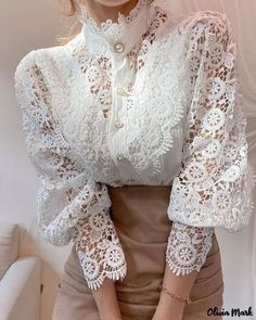 Color: white, Size: L Top In Pizzo, Women Lace Blouse, Flower Blouse, Patch Work Blouse, Chiffon Floral, Turtleneck Shirt, Elegant Blouses, Lace Flower, Women Long Sleeve Tops