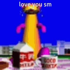 an image of a cartoon character with the words love you sm on it's screen