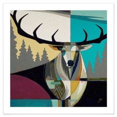 an abstract painting of a deer with antlers on it's head and trees in the background