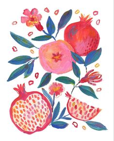 a painting of pomegranates and flowers on a white background with leaves