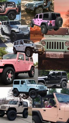 many different colored jeeps and trucks parked together