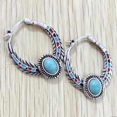 Unique Creative Hoop Earrings With Turquoise Inlaid Zinc Alloy Jewelry Vintage Bohemian Style. Bundle 38 Summer Blue Metal Hoop Earrings, Blue Bohemian Metal Hoop Earrings, Southwestern Style Blue Earrings For Festivals, Southwestern Style Blue Festival Earrings, Bohemian Turquoise Hoop Earrings Nickel Free, Adjustable Blue Bohemian Hoop Earrings, Blue Bohemian Hoop Earrings For Pierced Ears, Turquoise Southwestern Hoop Earrings, Blue Bohemian Hoop Earrings