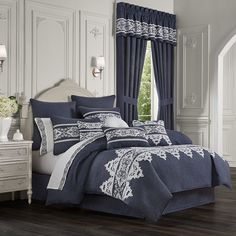 Shelburne Indigo 4-Piece Comforter Set By J Queen Comforter Sets By J. Queen New York Luxury Comforter Sets, Blue Comforter Sets, How To Clean Pillows, King Comforter Sets, Ashley Furniture Homestore, Queen Comforter Sets, Bedding Stores, Queen Comforter, Crewel Embroidery