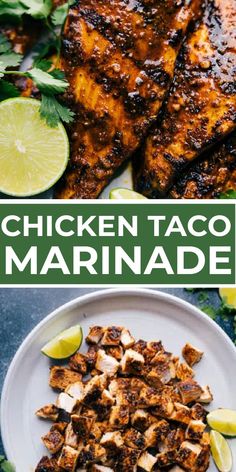 chicken taco marinade on a white plate with limes and cilantro