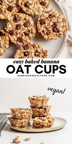 oat cups are stacked on top of each other with chocolate chips in the middle