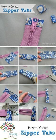 how to make zipper tabs with fabric and buttons on the bottom, in several different ways