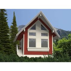 a red and white house sitting in the middle of some trees with mountains in the background