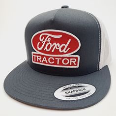 Brand new high-quality embroidered patch heat pressed onto a flat bill snapback cap Flat Bill Baseball Cap With Patches, Trucker Baseball Cap With Embroidered Patch And Flat Bill, Customizable Trucker Snapback With Flat Bill, Mesh Back Snapback Hat With Flat Bill, Flat Bill Trucker Hat With Embroidered Logo, One Size, Ford Tractor, Red Patch, Military Cap, Ford Tractors